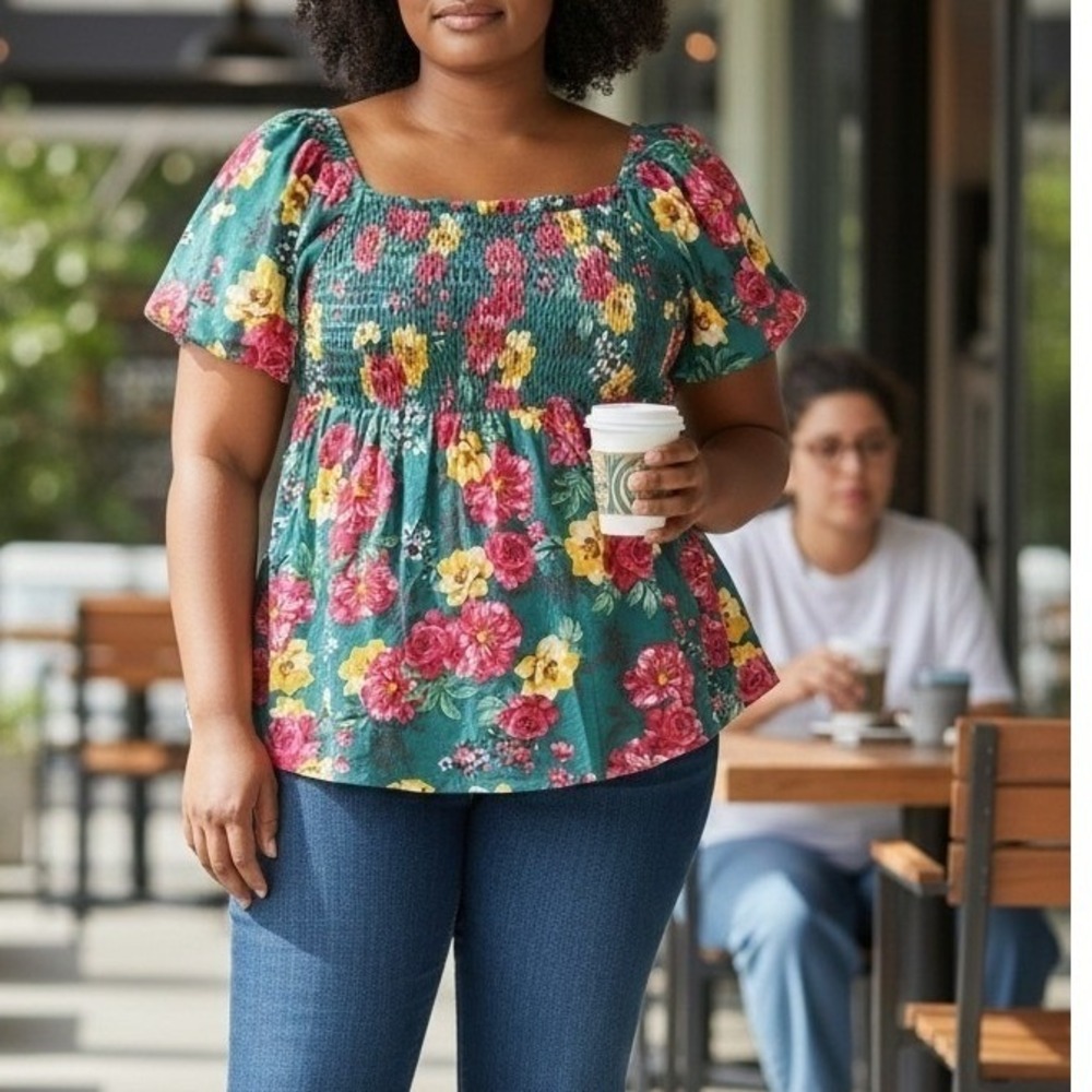 Torrid Womens Green Floral Smocked Puff Sleeve Square Neck Babydoll Top Plus 3